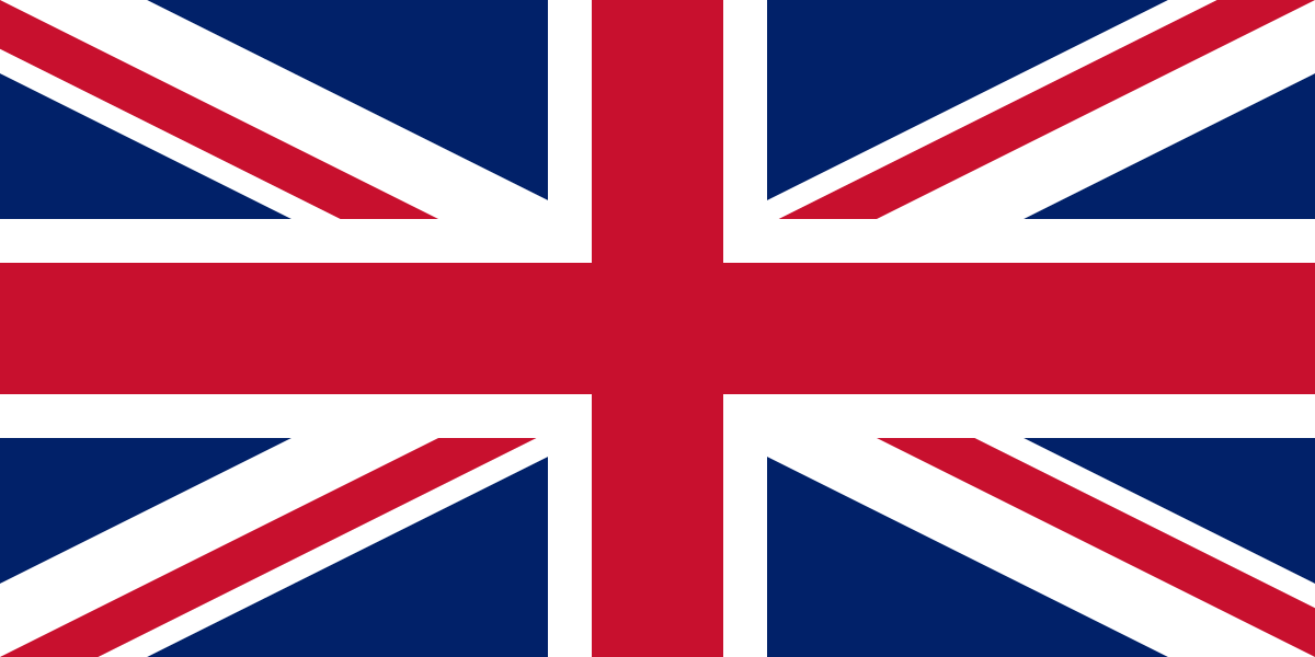 The Union Jack flag of the United Kingdom. Red cross with navy and white outlines